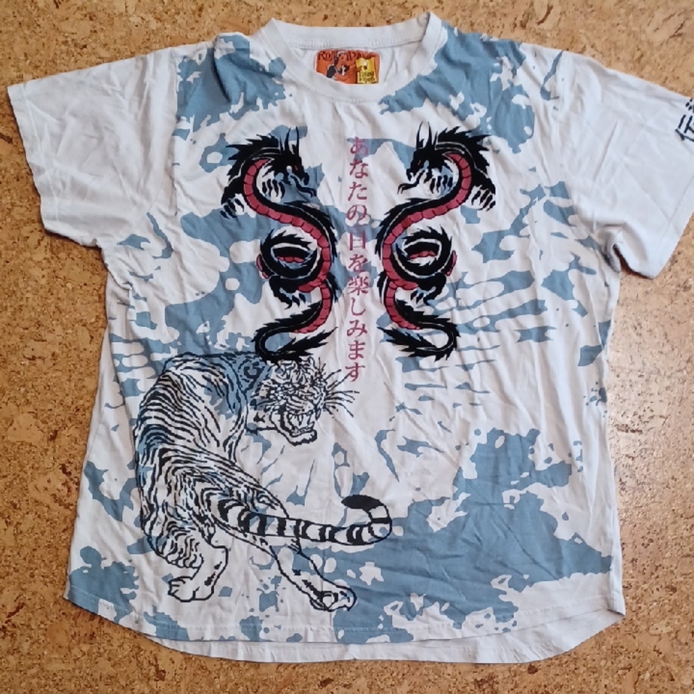 Rolling Papers Men's Double Dragon And Tiger Japanese Tee Shirt Size XXL